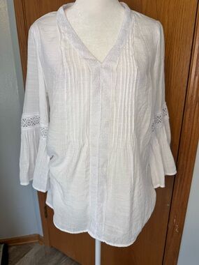 Counterparts White Pintuck & Lace V-Neck Top, Delicate Details Flare Sleeves